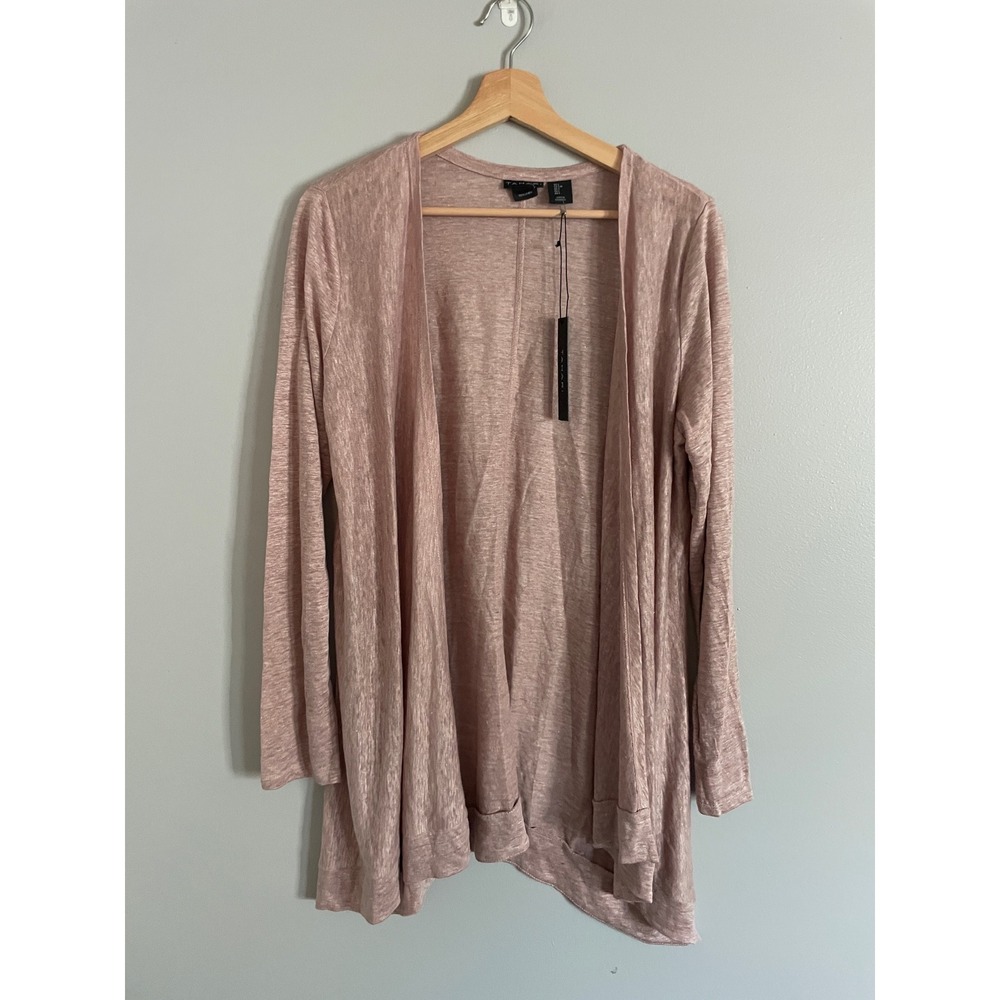Tahari Cardigan Womens L Pink 100% Linen Open Front Draped Coastal Grandma